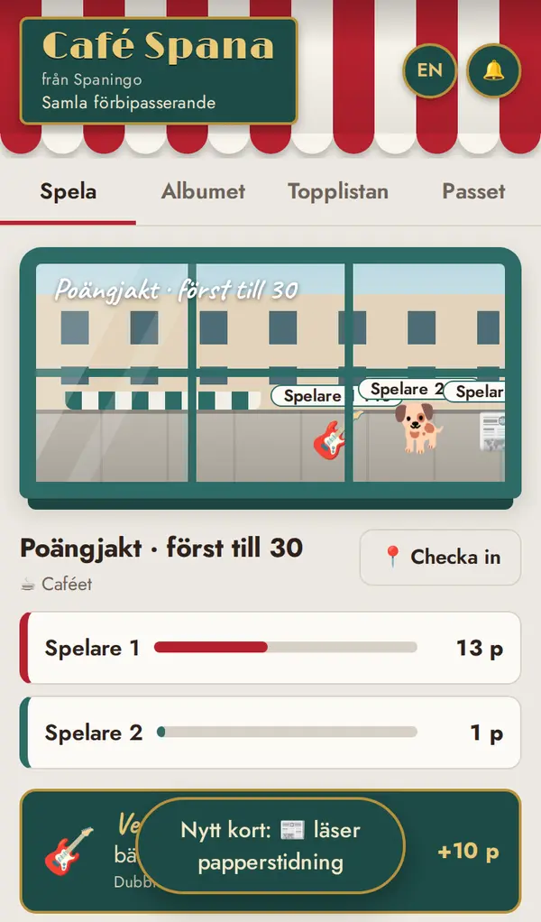 Café Spana i mobilen: caféfönstret med förbipasserande